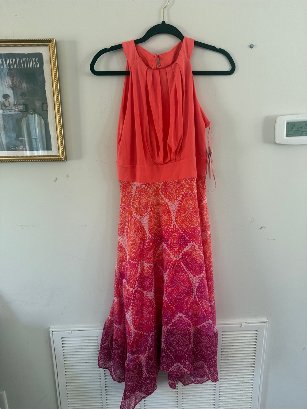 Sandra Darren Coral to Pink Ombre Halter Maxi Dress